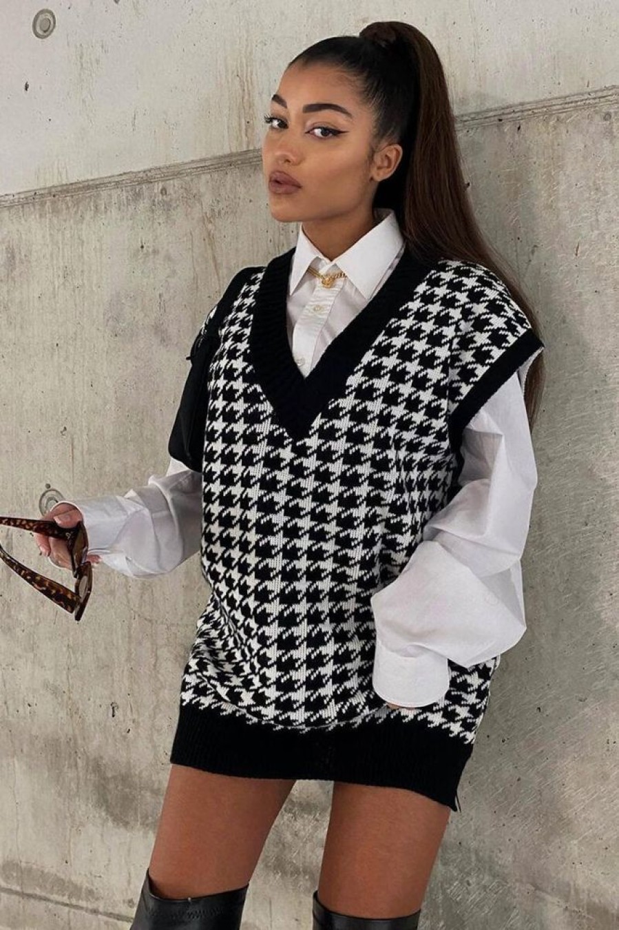 Clothing Rebellious Fashion | Black Houndstooth Knit Vest - Hazel