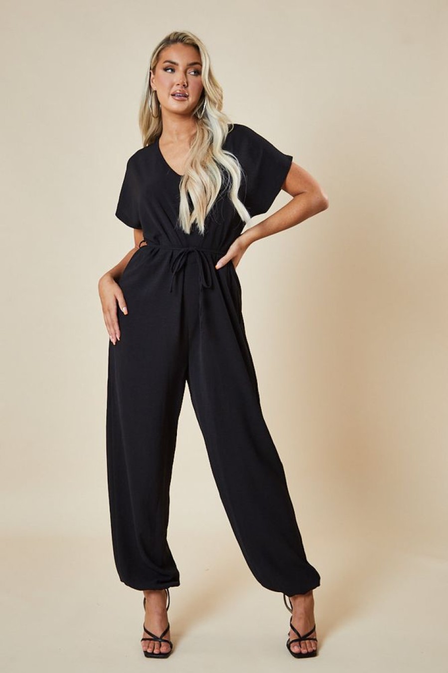 Clothing Rebellious Fashion | Black V-Neck Oversized Tie Detail Jumpsuit - Sammie