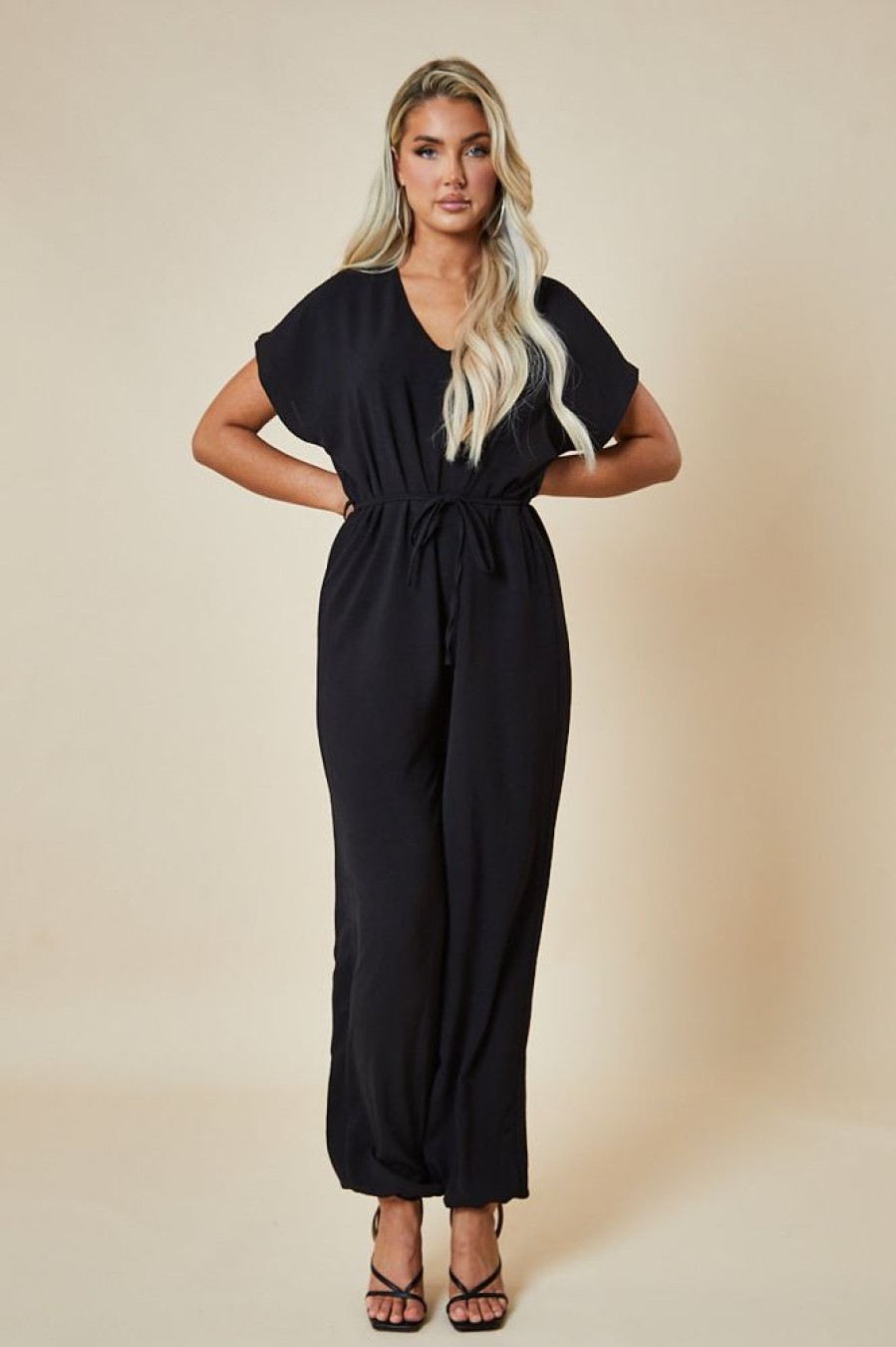 Clothing Rebellious Fashion | Black V-Neck Oversized Tie Detail Jumpsuit - Sammie