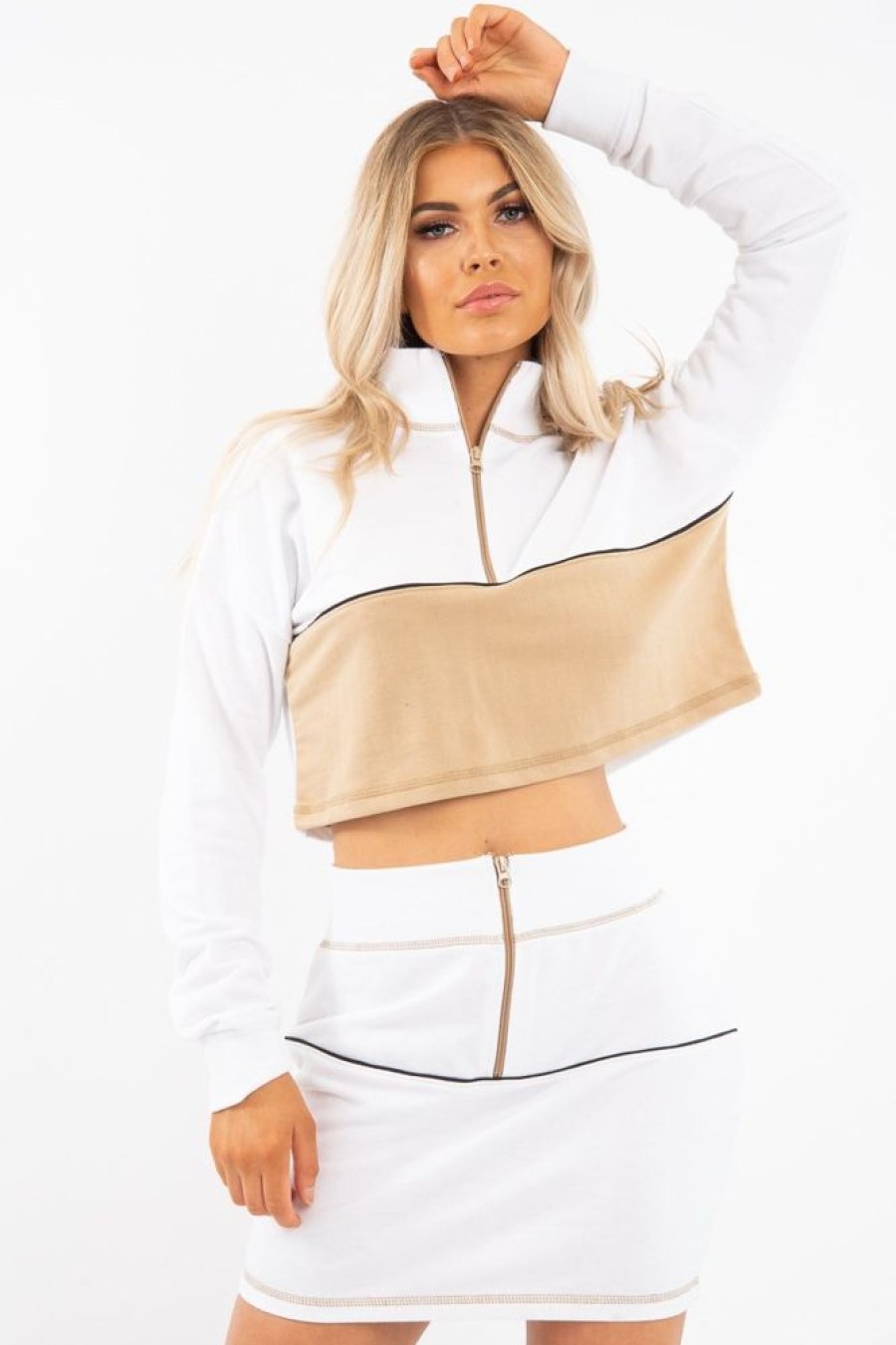 Clothing Rebellious Fashion | White Camel Cropped Zip Jumper Skirt Co-Ord - Hestia