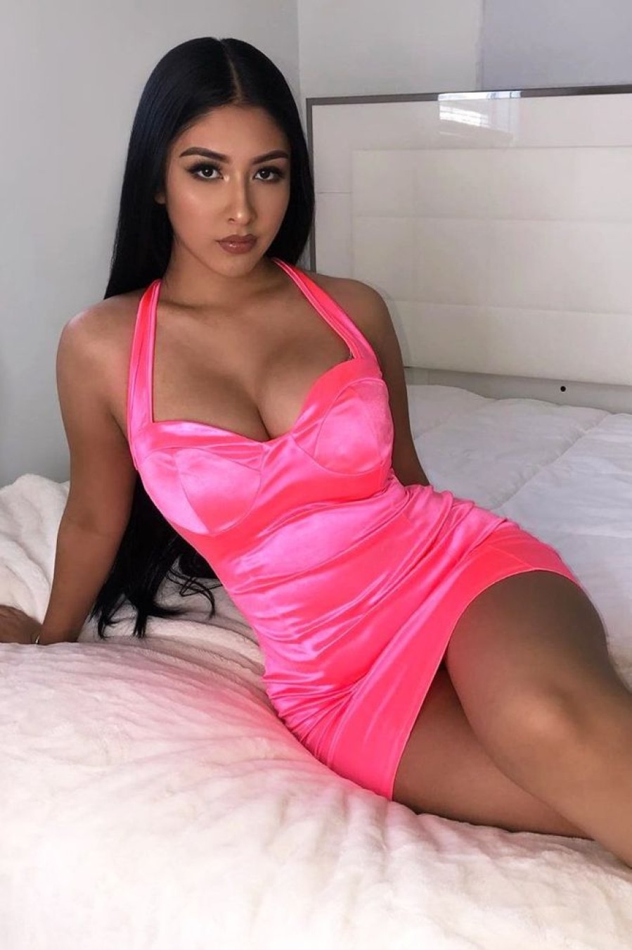 Clothing Rebellious Fashion | Neon Pink Satin Cup Detail Mini Dress - Jenna