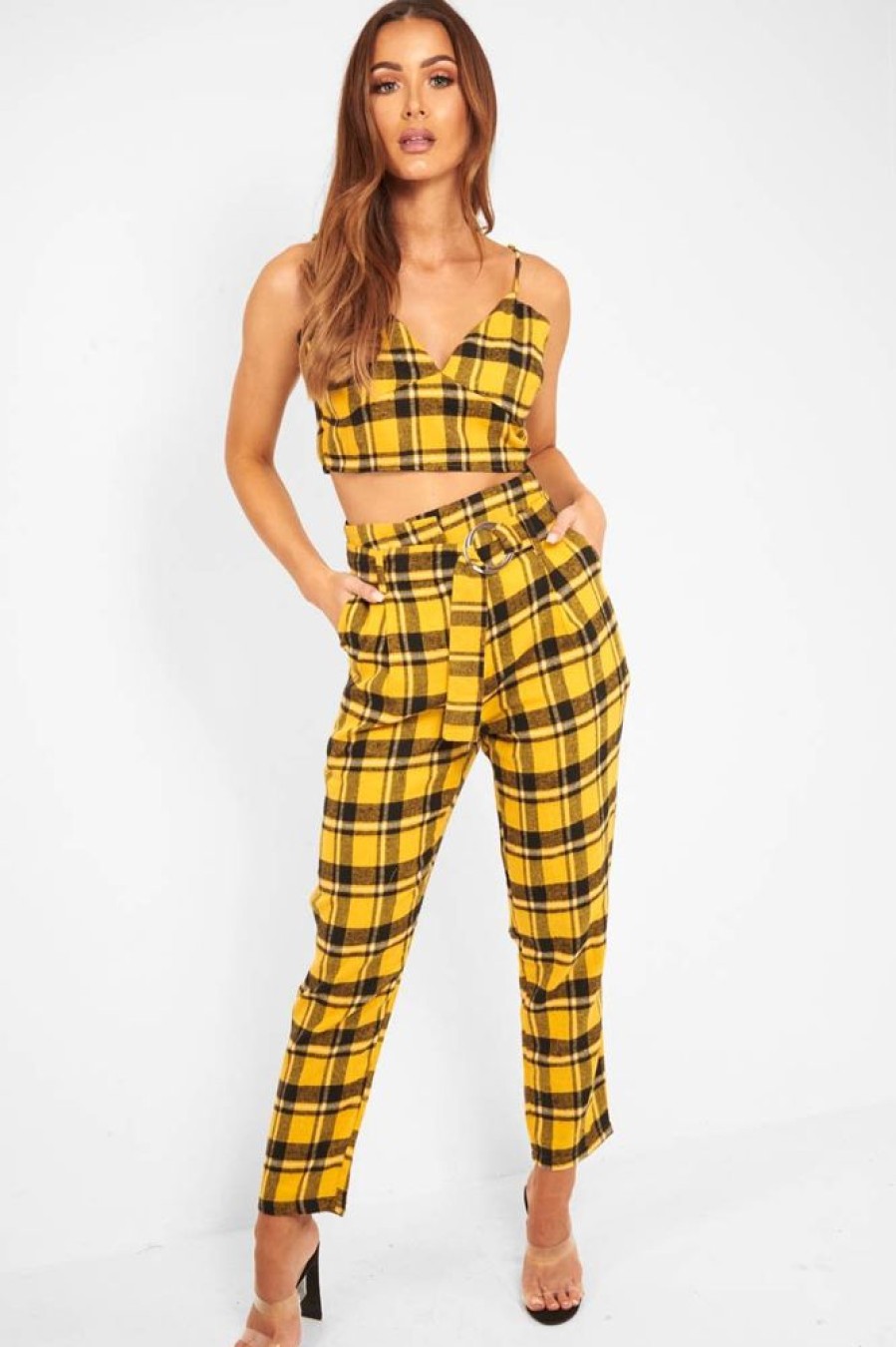 Clothing Rebellious Fashion | Yellow Check Bralet And Belted Trouser Co-Ord - Brilyn