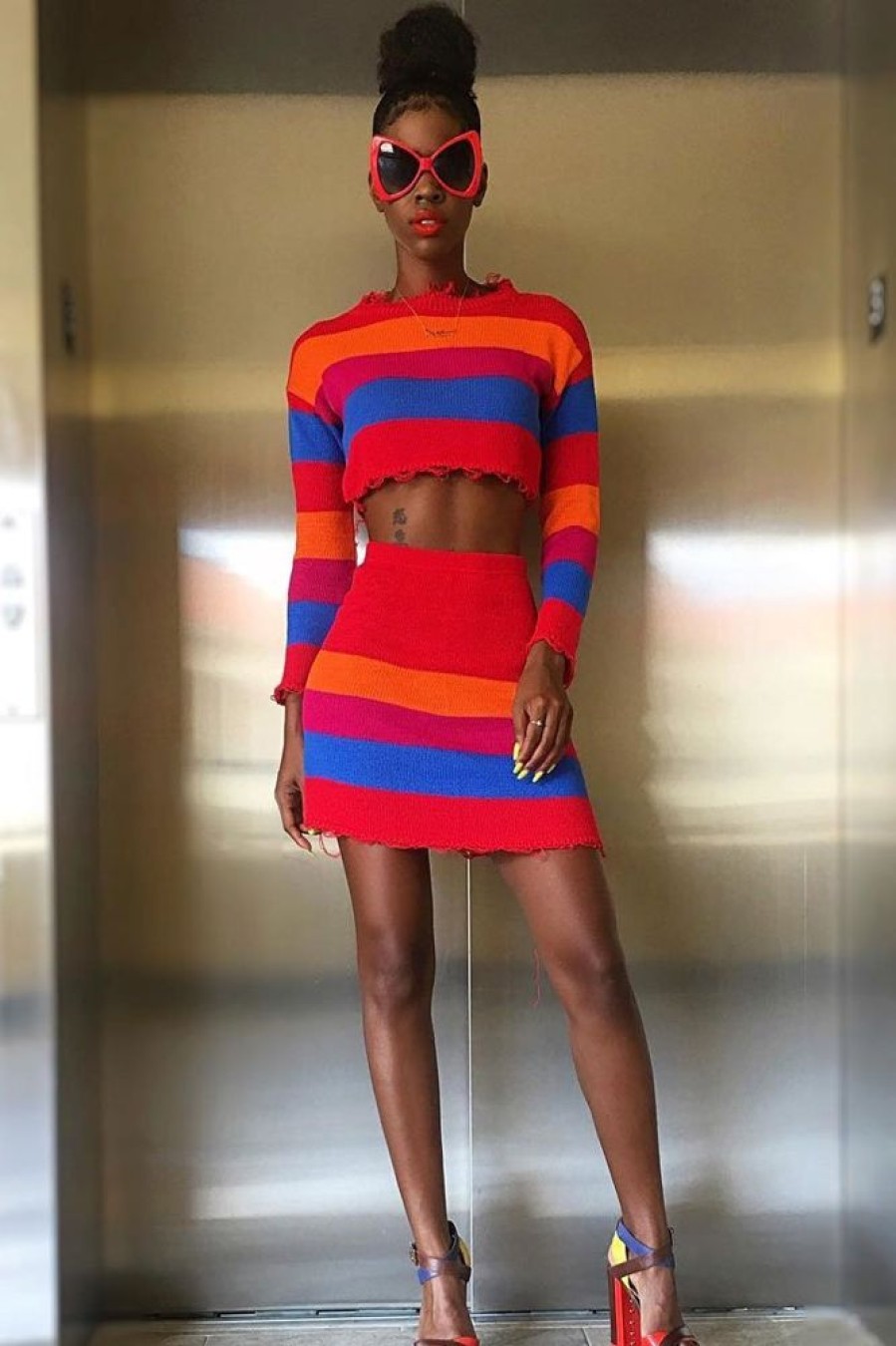 Clothing Rebellious Fashion | Multi Coloured Knitted Cropped Jumper And Skirt Co-Ord - Lahna