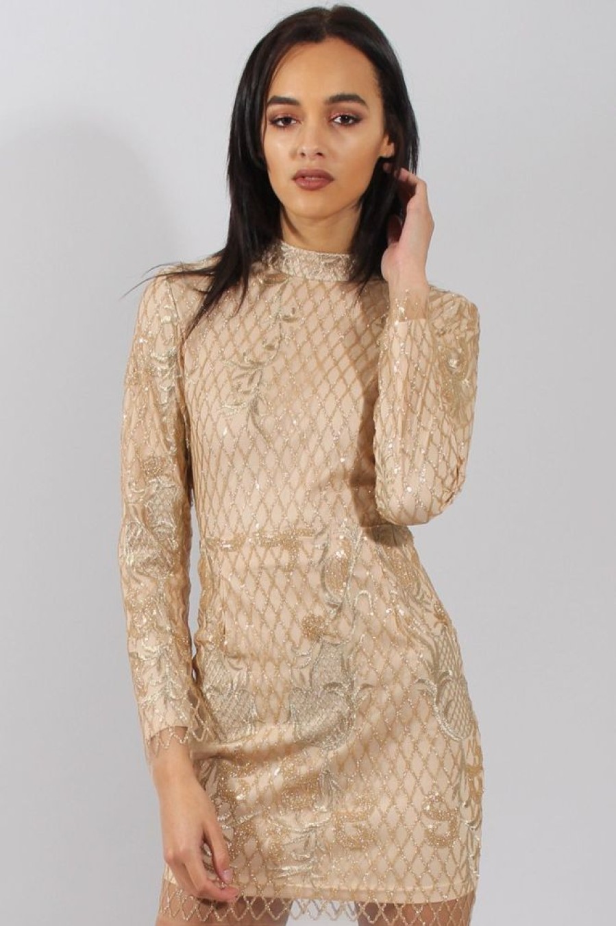 Clothing Rebellious Fashion | Gold High Neck Sequin Embellished Bodycon Dress - Laila