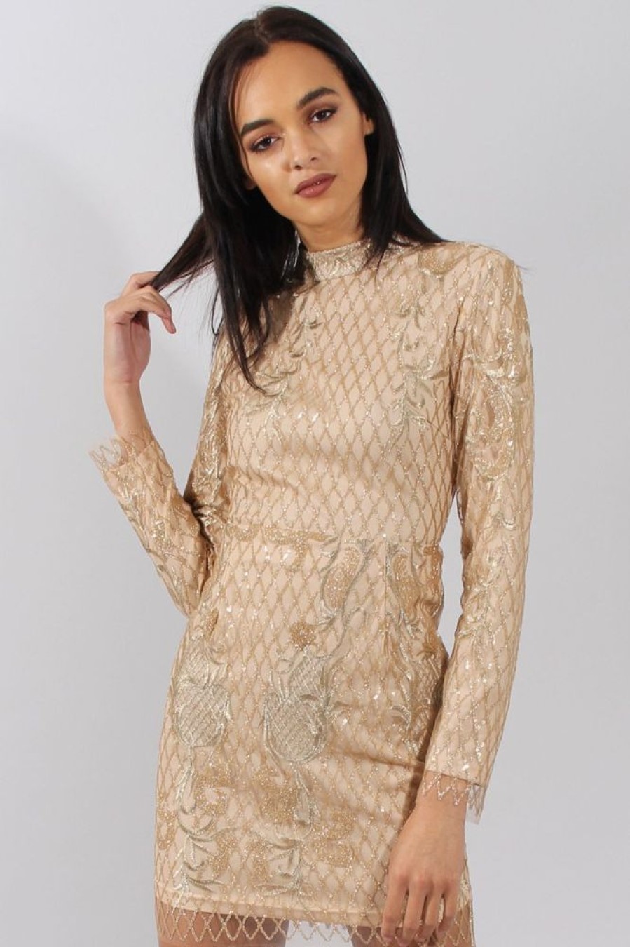 Clothing Rebellious Fashion | Gold High Neck Sequin Embellished Bodycon Dress - Laila