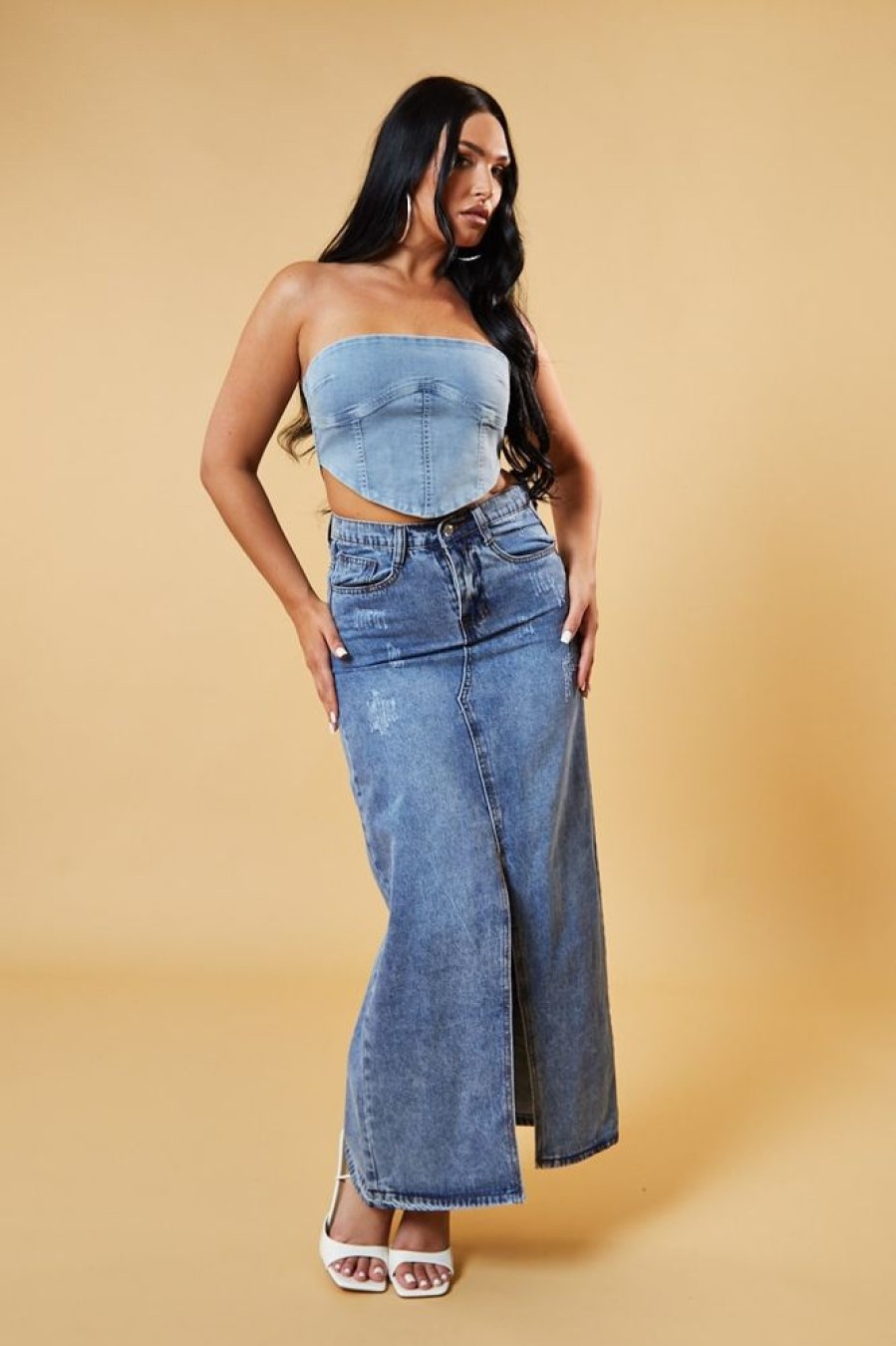 Clothing Rebellious Fashion | Mid Blue Front Slit Denim Maxi Skirt - Asami