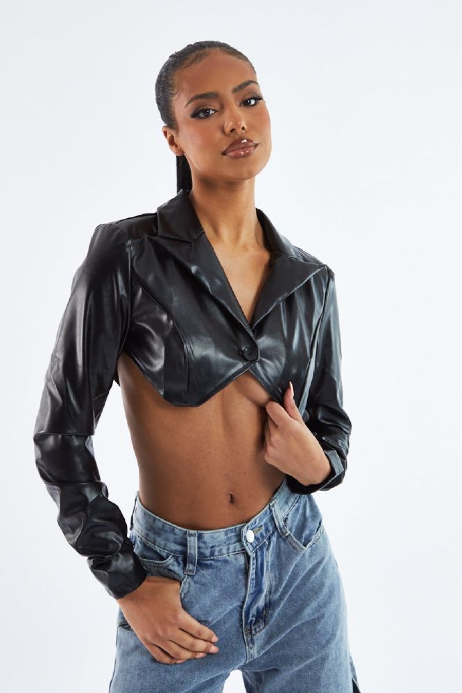 Clothing Rebellious Fashion | Black Faux Leather Cropped Blazer - Nyra