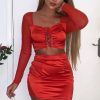 Clothing Rebellious Fashion | Red Satin Mesh Lace Up Detail Co-Ord - Levi