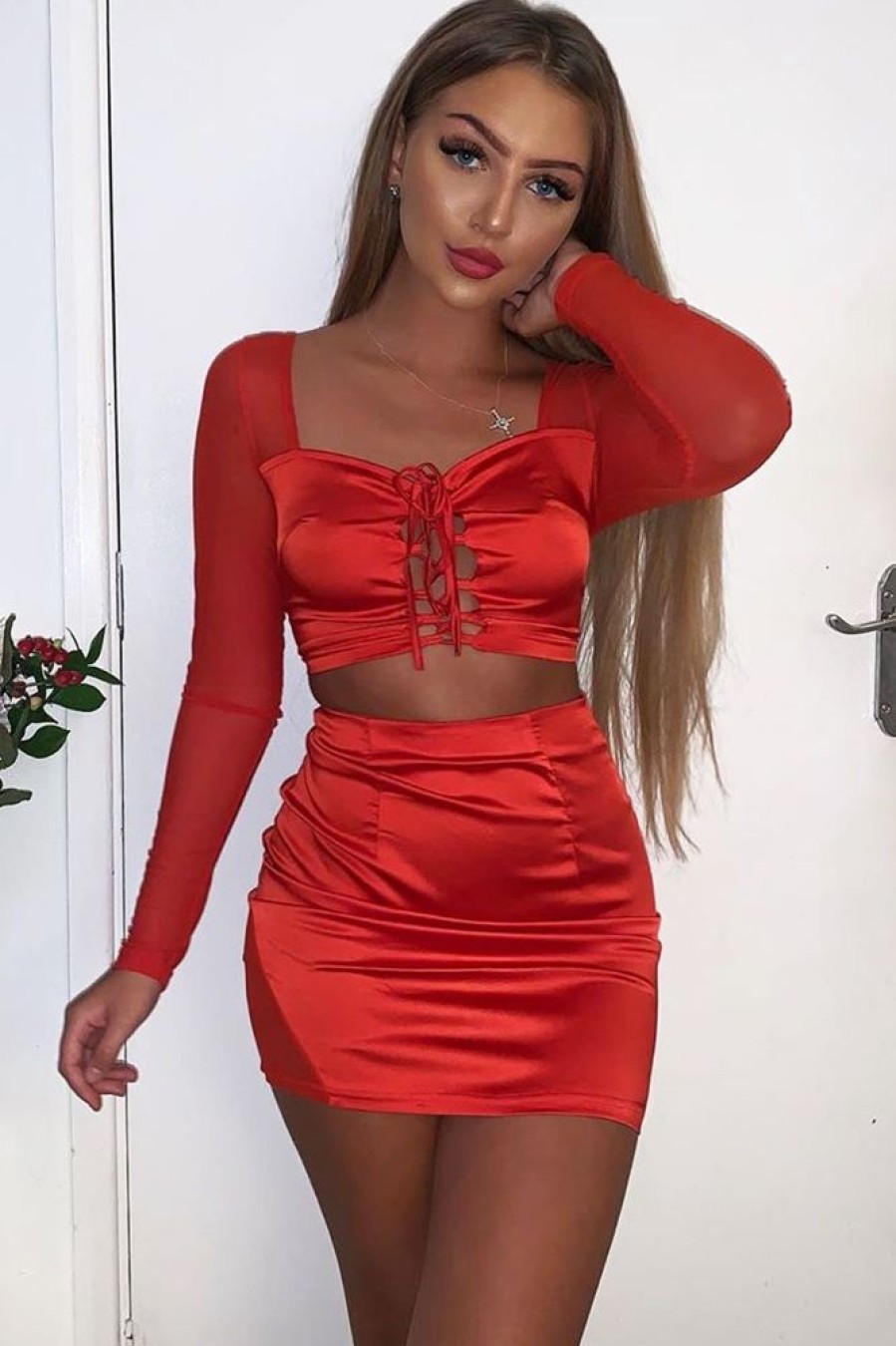 Clothing Rebellious Fashion | Red Satin Mesh Lace Up Detail Co-Ord - Levi