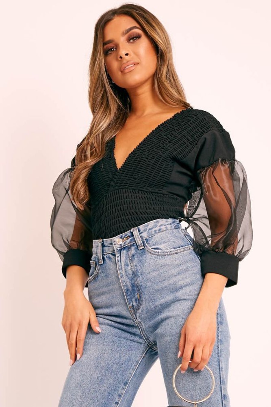 Clothing Rebellious Fashion | Black Shirred Plunge Crop Top - Reina