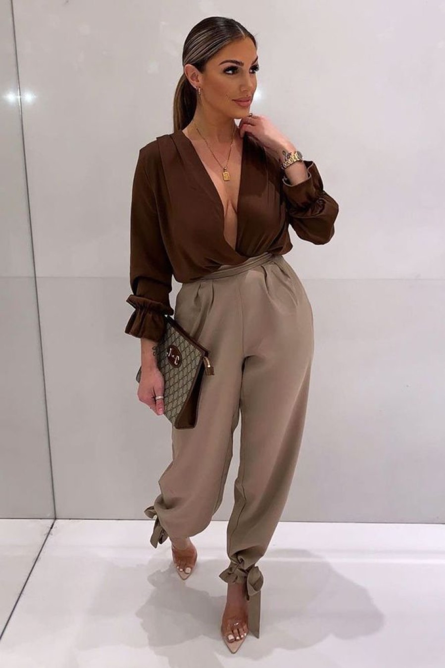 Clothing Rebellious Fashion | Chocolate Brown Satin Plunge Wrap Bodysuit - Penelopi