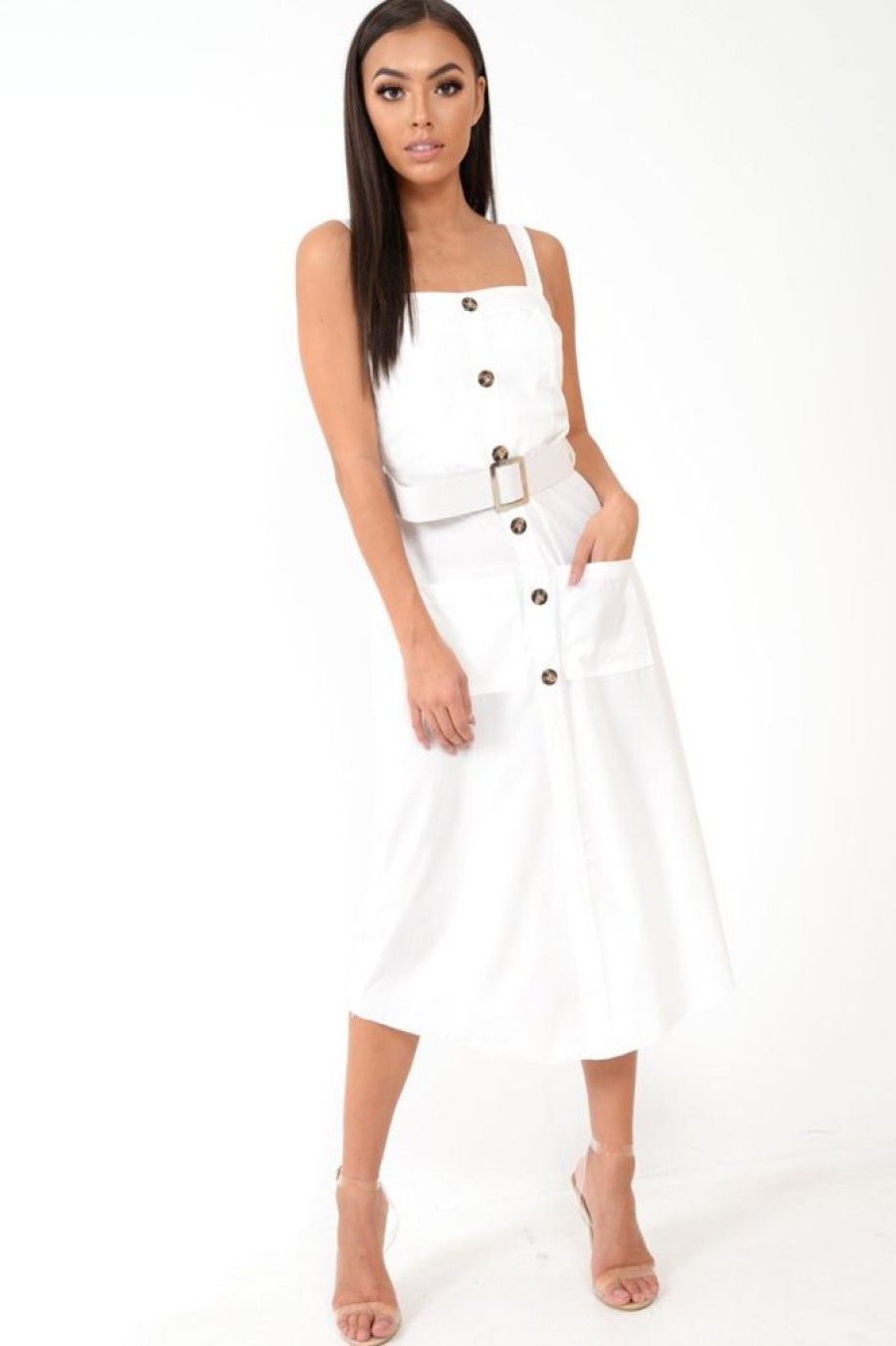 Clothing Rebellious Fashion | White Button Front Belted Midi Dress - Caela