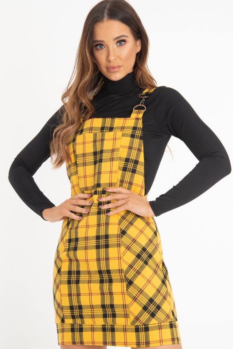 Clothing Rebellious Fashion | Yellow Tartan Check Pinafore Mini Dress - Ruby