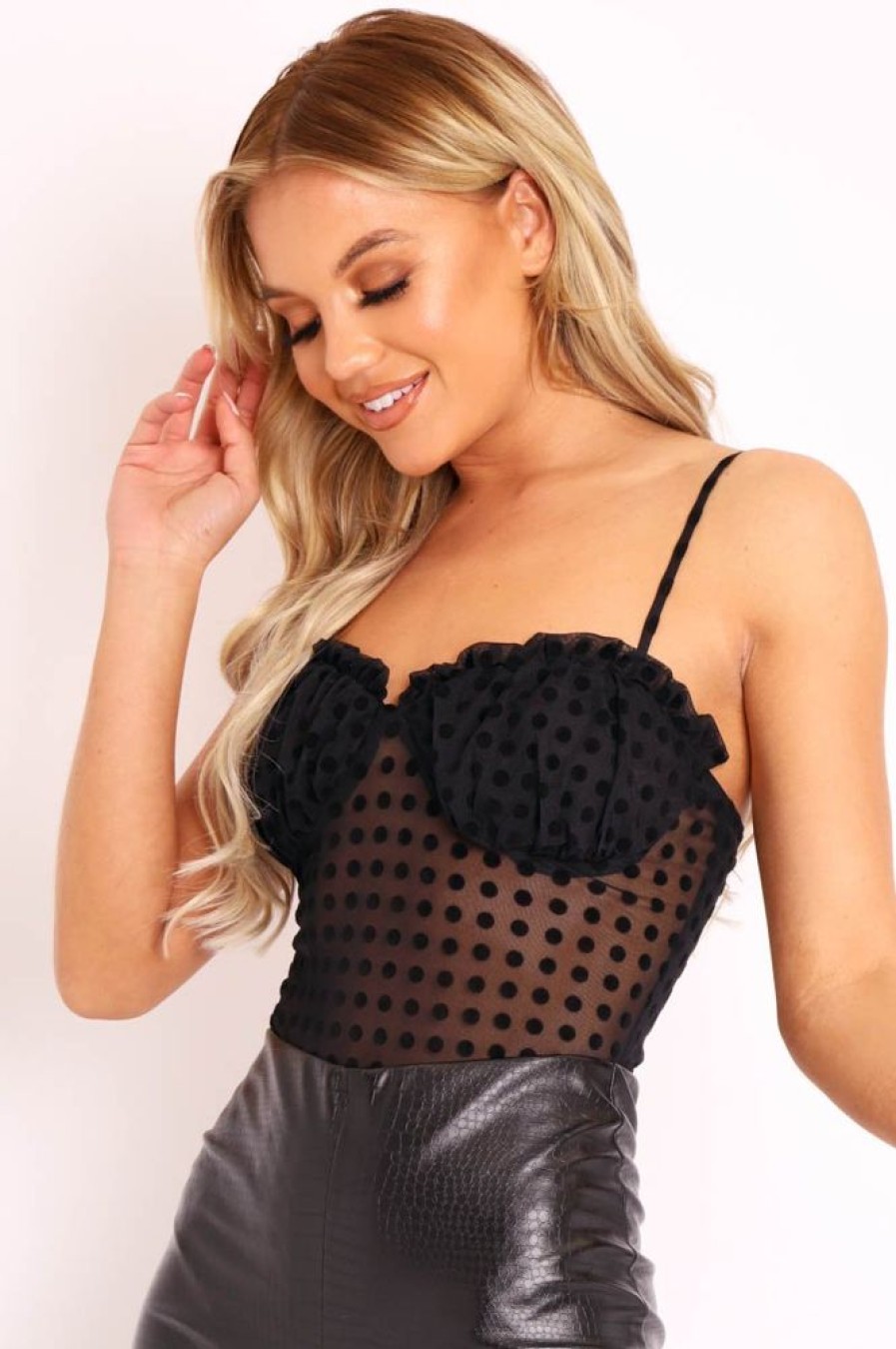 Clothing Rebellious Fashion | Black Polka Dot Cup Detail Bodysuit - Bowen