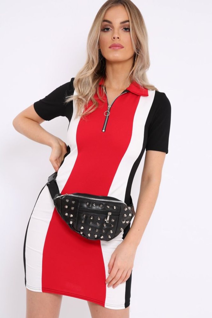 Clothing Rebellious Fashion | Red Colour Block Zip Front Collard Dress -Steavie