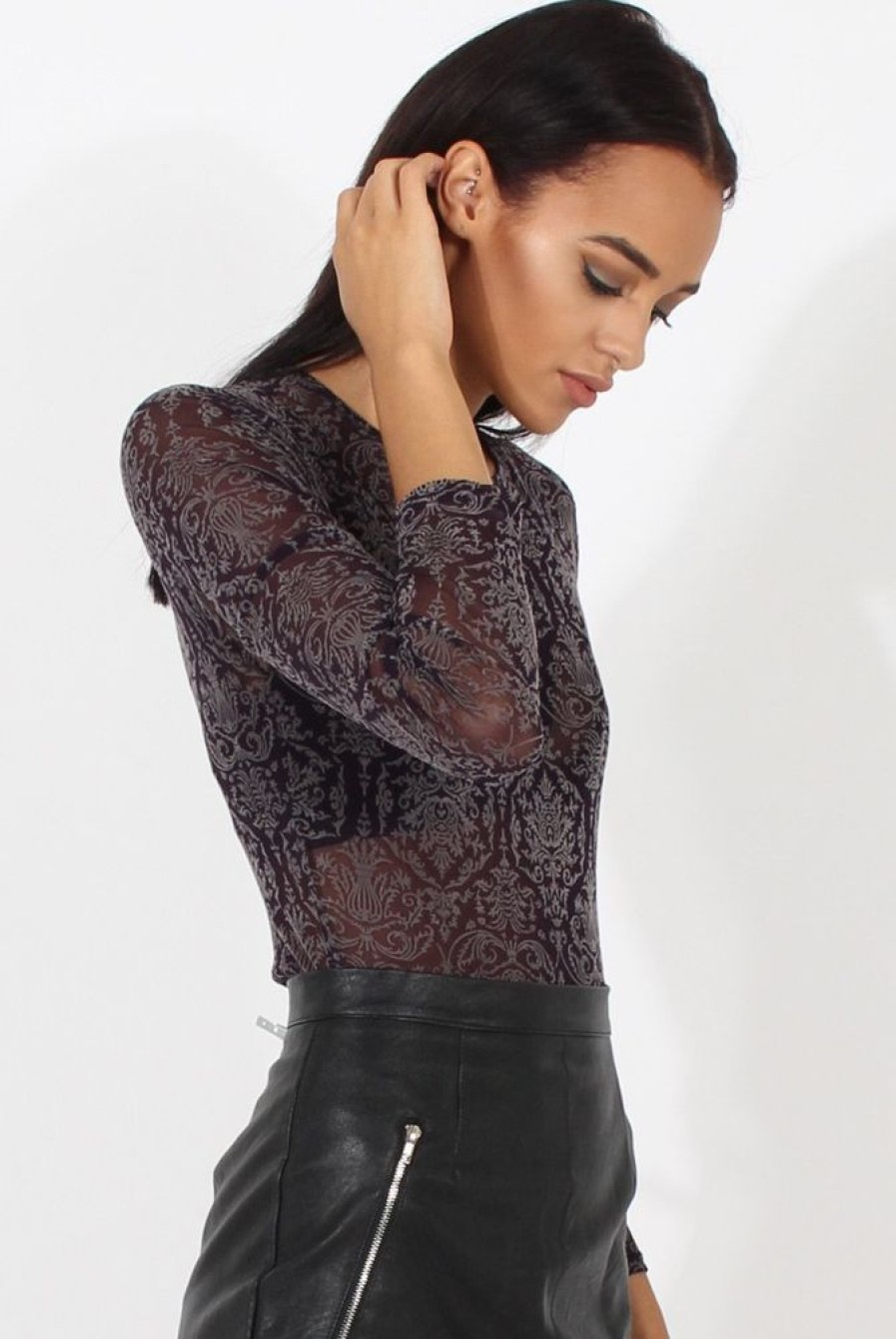 Clothing Rebellious Fashion | Purple Folk Print Sheer Bodysuit - Frances