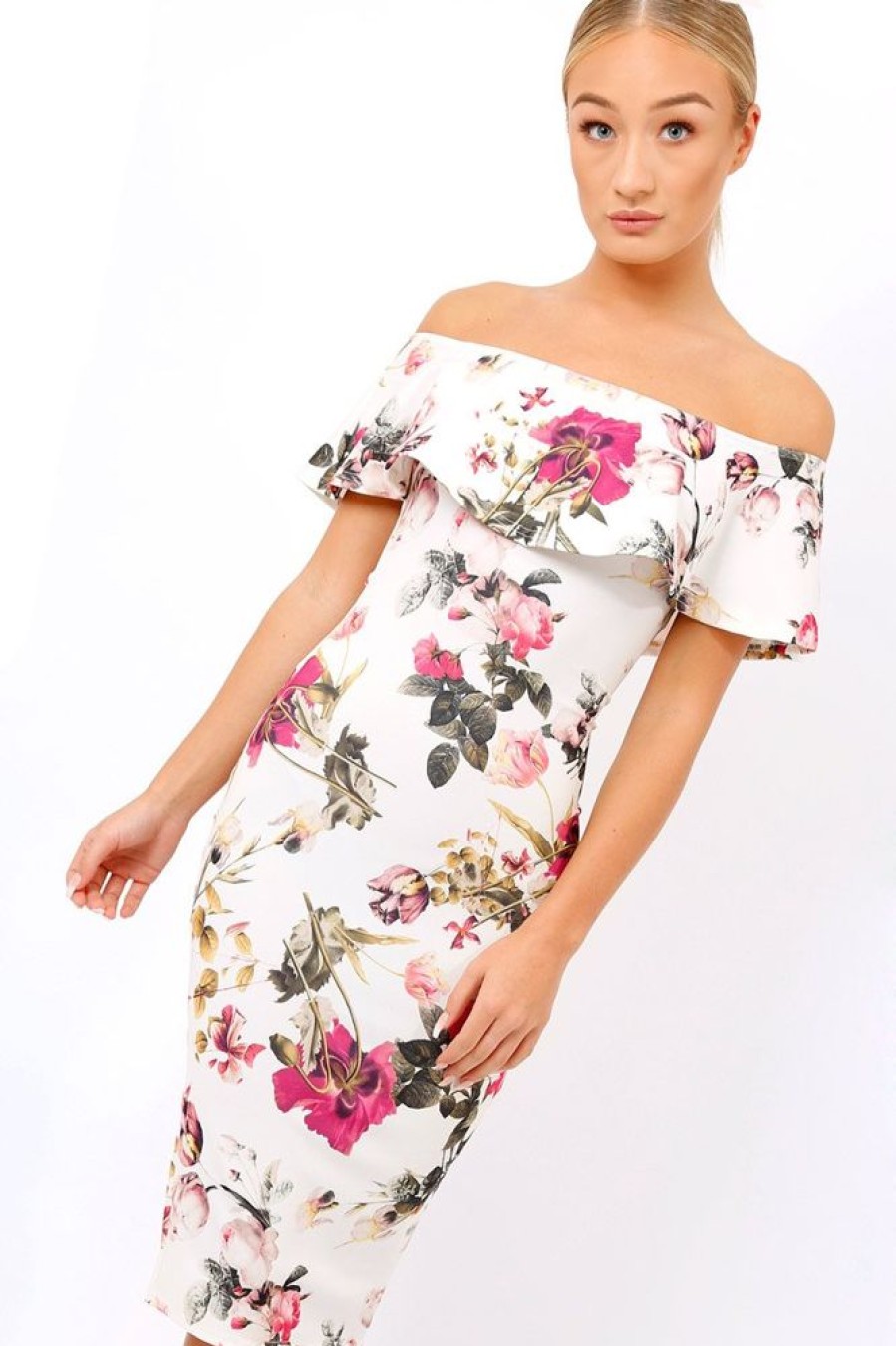 Clothing Rebellious Fashion | Cream Floral Bodycon Bardot Dress - Luanne