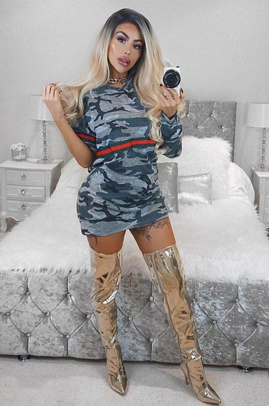 Clothing Rebellious Fashion | Camo Print Stripe Jumper Dress - Finley