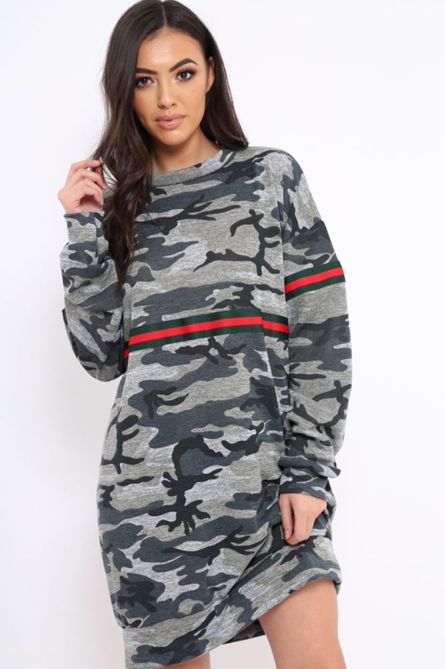 Clothing Rebellious Fashion | Camo Print Stripe Jumper Dress - Finley