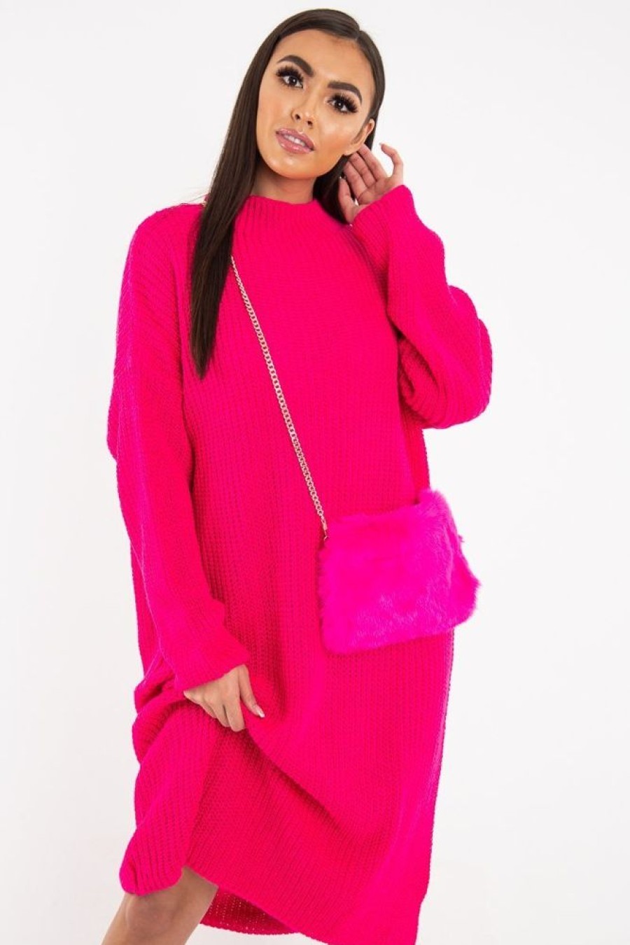 Clothing Rebellious Fashion | Fuchsia Chunky Knit Slash Neck Jumper Dress - Hessie