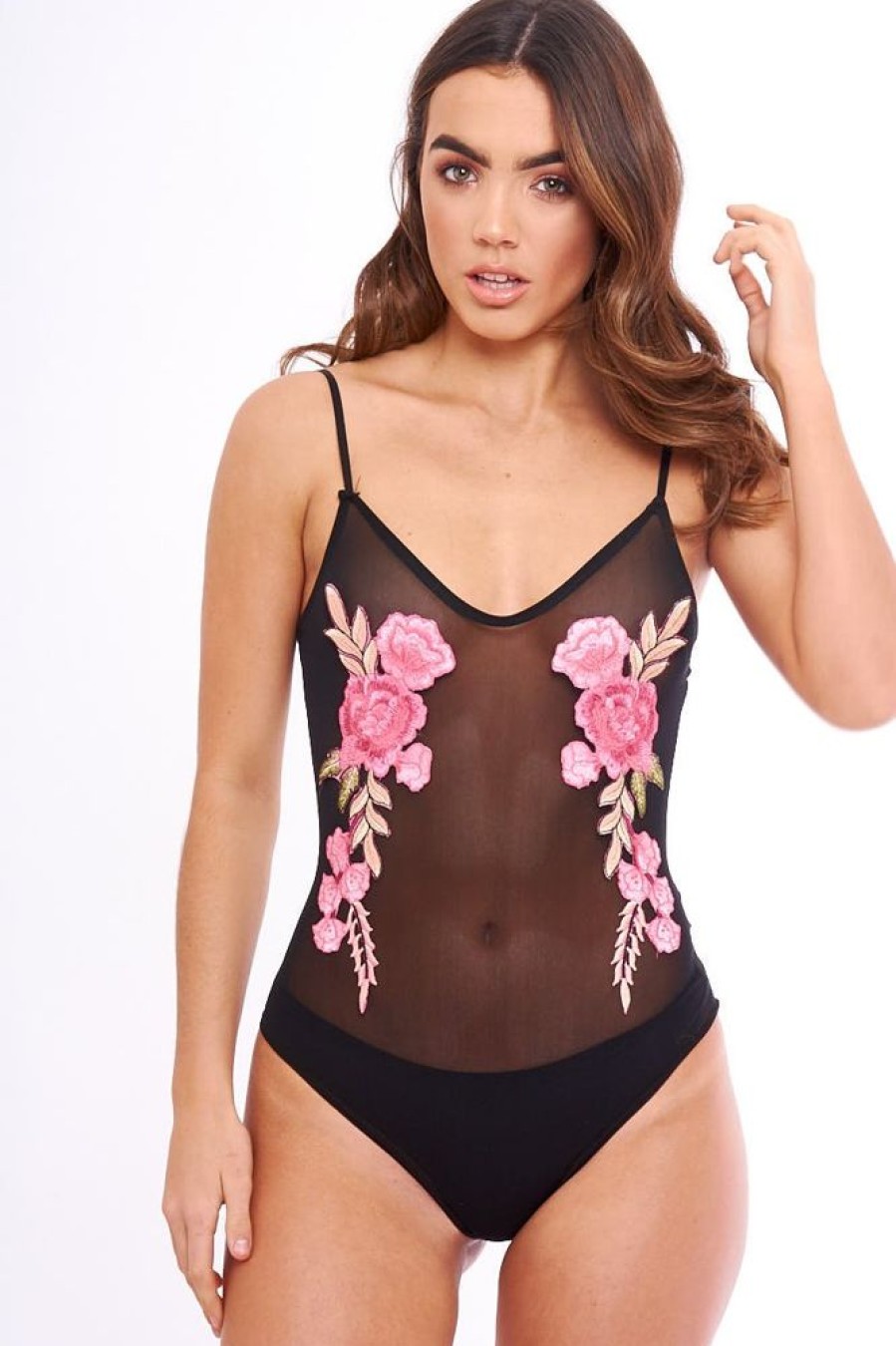 Clothing Rebellious Fashion | Mesh Floral Embroidered Cami Bodysuit - Evita