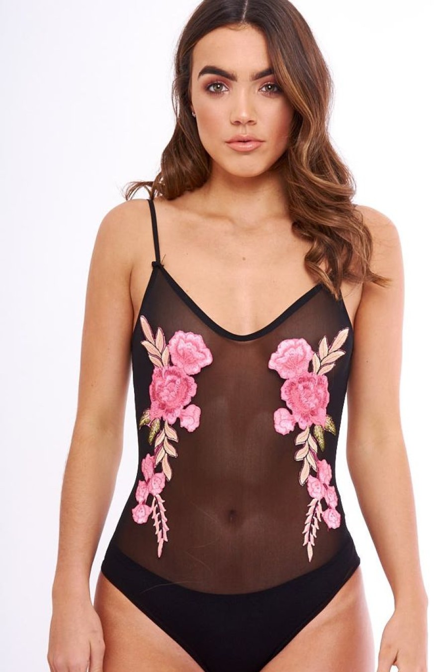 Clothing Rebellious Fashion | Mesh Floral Embroidered Cami Bodysuit - Evita