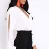 Clothing Rebellious Fashion | White Plunge Satin Bodysuit With Split Sleeves - Pema