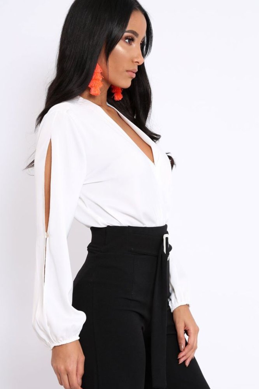 Clothing Rebellious Fashion | White Plunge Satin Bodysuit With Split Sleeves - Pema