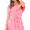 Clothing Rebellious Fashion | Pink Cold Shoulder Frill Tie Waist Dress - Selah