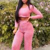 Clothing Rebellious Fashion | Pink Velour Crop Top Wide Leg Trouser Co-Ord - Salina