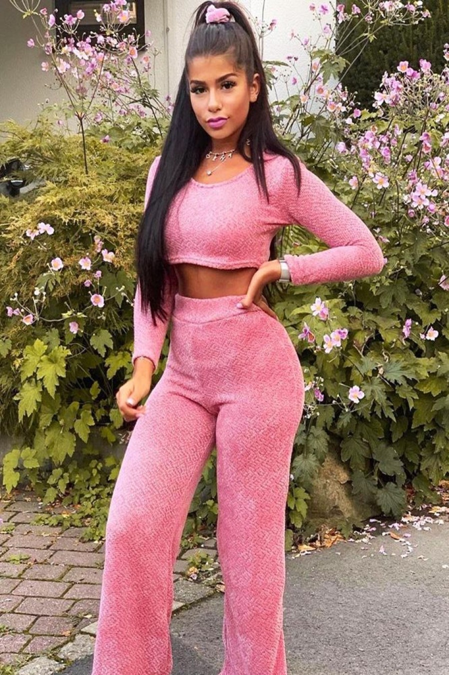 Clothing Rebellious Fashion | Pink Velour Crop Top Wide Leg Trouser Co-Ord - Salina