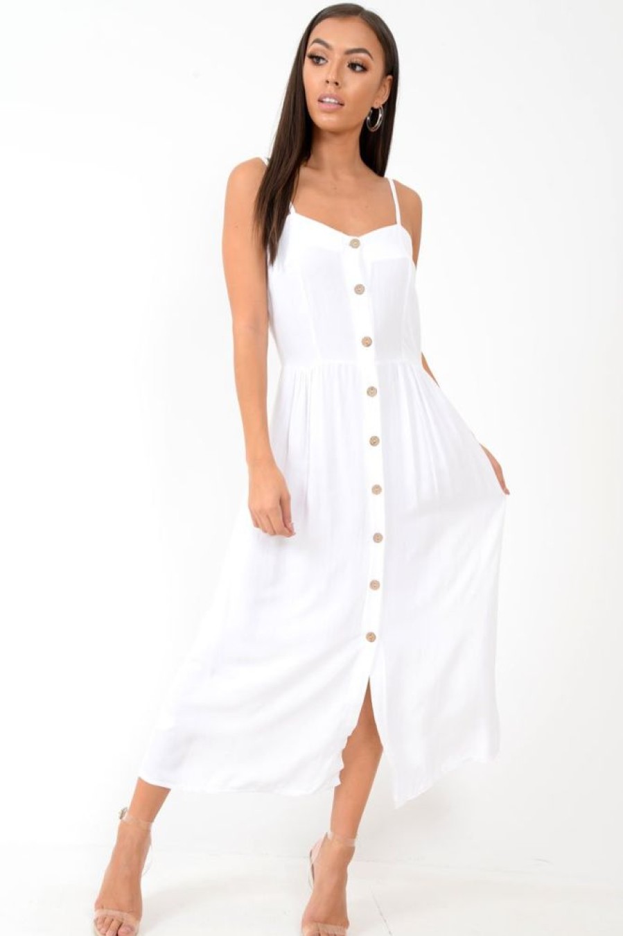 Clothing Rebellious Fashion | White Strappy Button Down Midi Dress - Shaelee