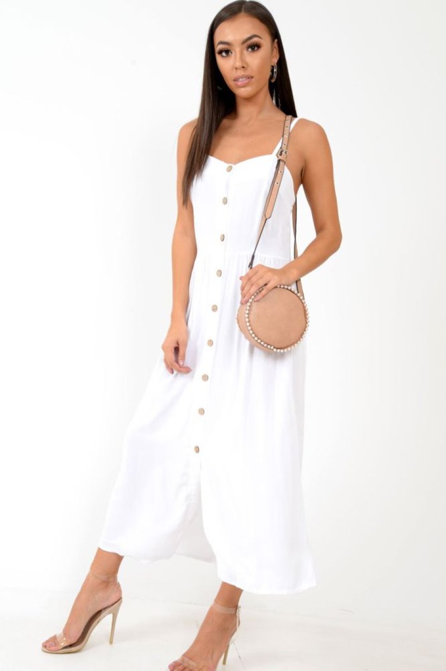 Clothing Rebellious Fashion | White Strappy Button Down Midi Dress - Shaelee