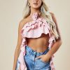 Clothing Rebellious Fashion | Pink Rosette Frill Detail Crop Top - Arisa