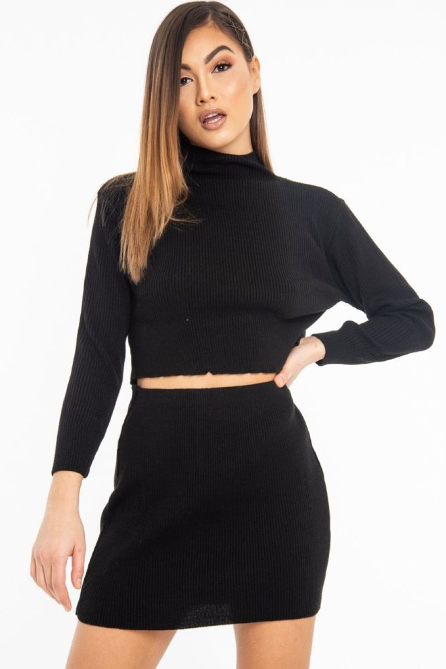 Clothing Rebellious Fashion | Black Rib Knit Crop Jumper Mini Skirt Co-Ord - Katie