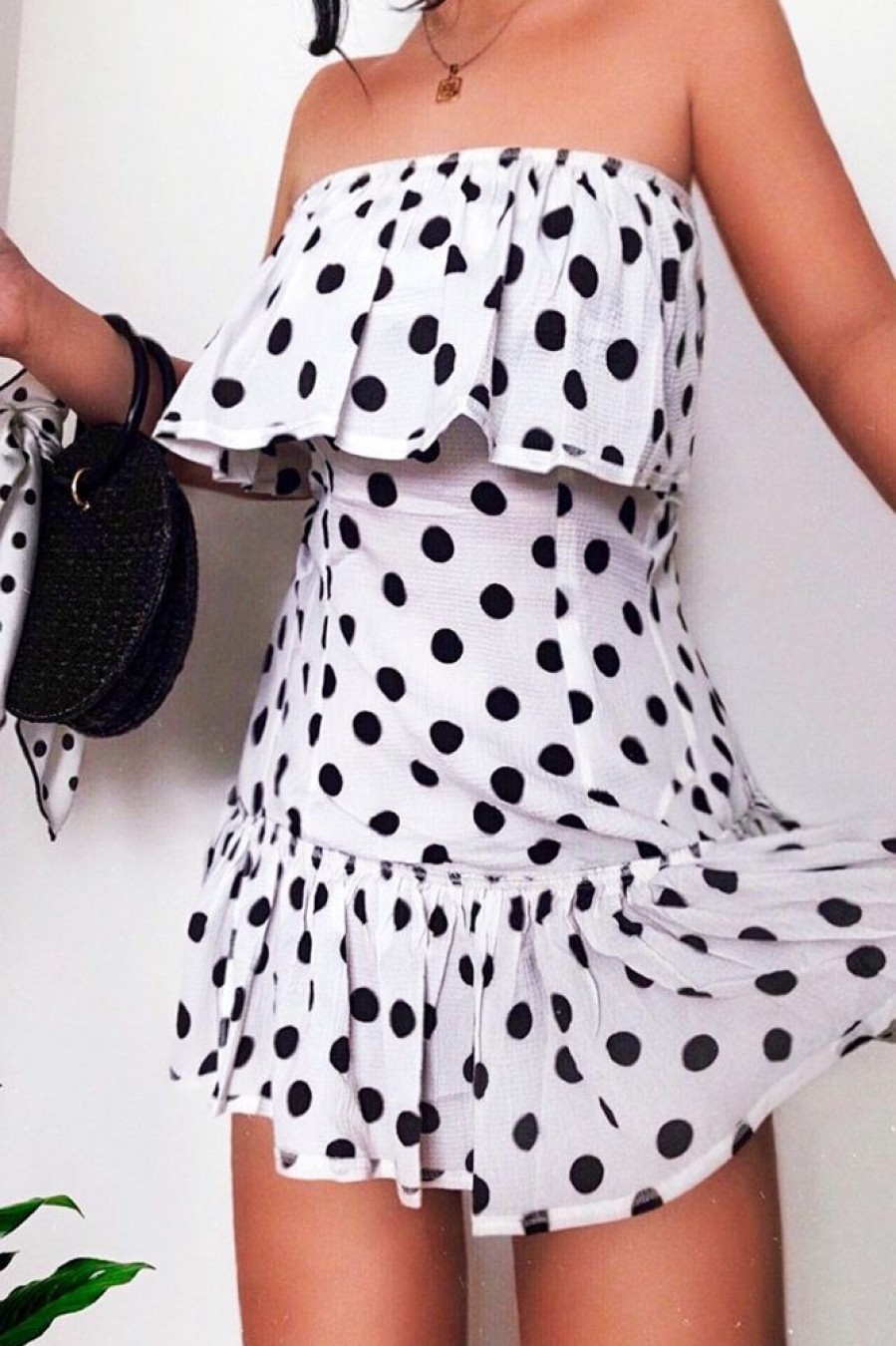 Clothing Rebellious Fashion | White Polka Dot Bardot Frill Dress - Izadora