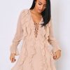 Clothing Rebellious Fashion | Camel Sheer Ruffle Lace Front Dress - Loise