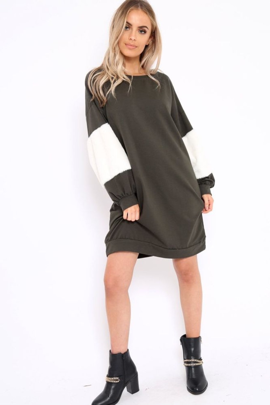 Clothing Rebellious Fashion | Khaki Jumper Dress With Fur Sleeves - Paris