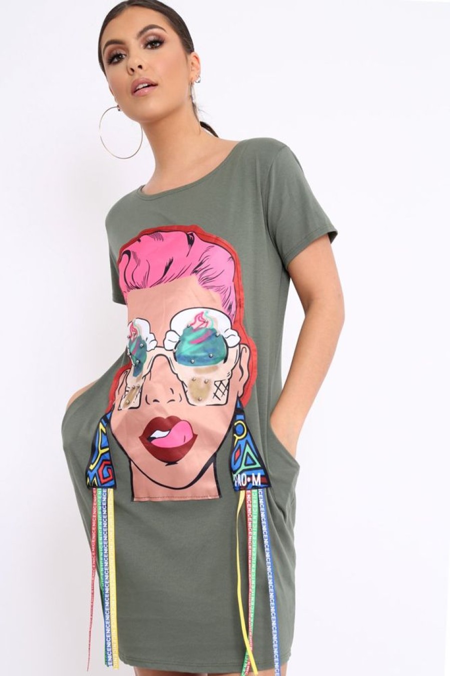 Clothing Rebellious Fashion | Khaki Crew Neck Girls Face T-Shirt Dress With Tassels - Sway