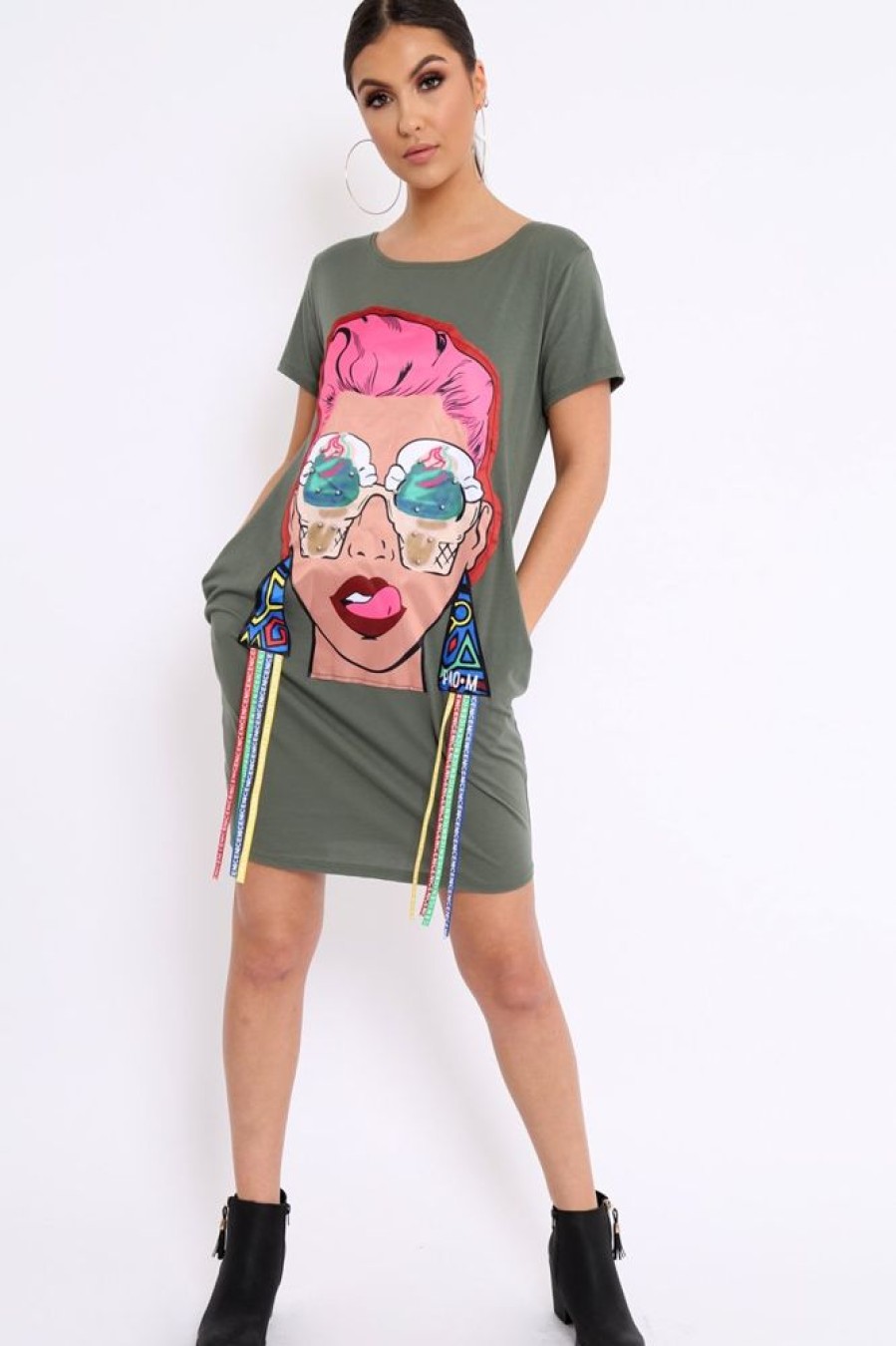 Clothing Rebellious Fashion | Khaki Crew Neck Girls Face T-Shirt Dress With Tassels - Sway