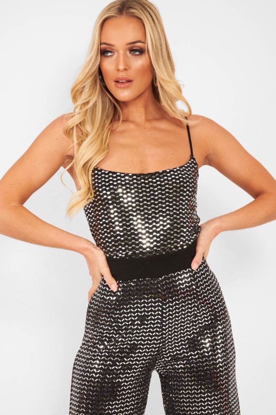 Clothing Rebellious Fashion | Silver Sequin Square Neck Cami Bodysuit - Laelyn