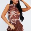 Clothing Rebellious Fashion | Brown Marble Print Mesh High Neck Bodysuit - Rayanna