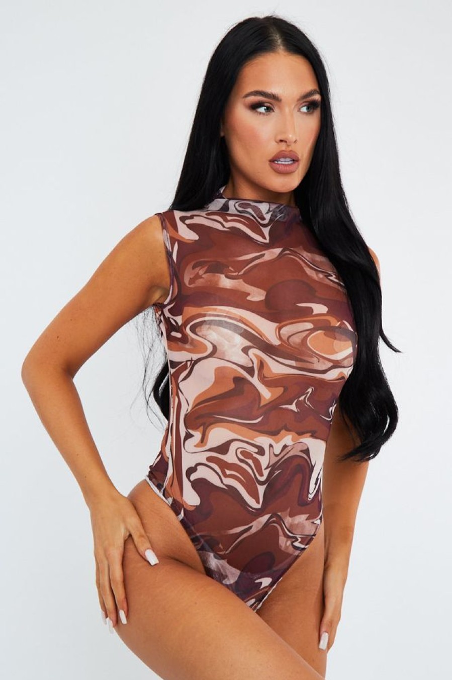 Clothing Rebellious Fashion | Brown Marble Print Mesh High Neck Bodysuit - Rayanna