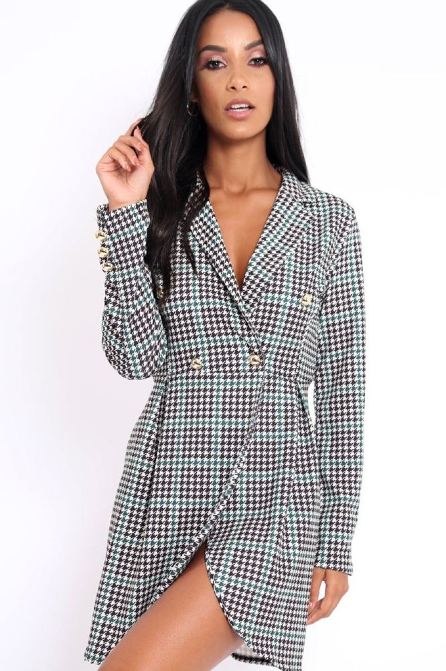 Clothing Rebellious Fashion | Hound-Tooth Button Detail Blazer Dress - Kayleigh