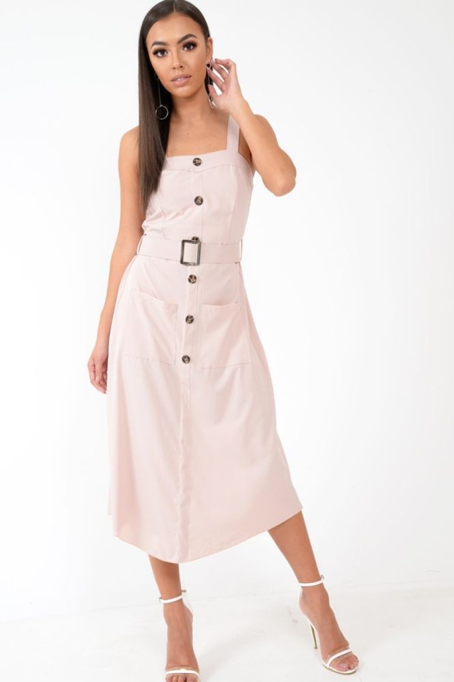 Clothing Rebellious Fashion | Nude Button Front Belted Midi Dress - Caela