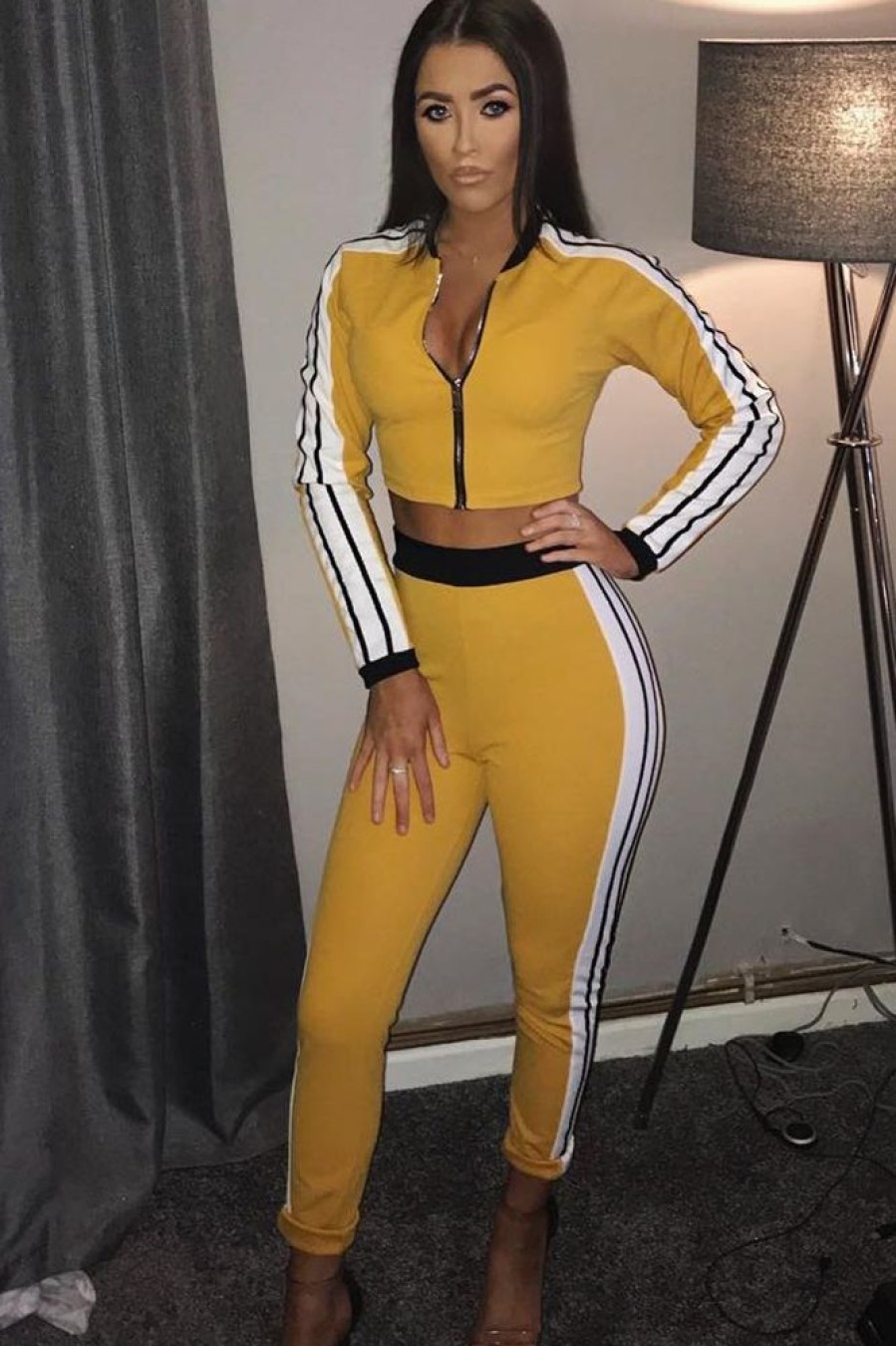 Clothing Rebellious Fashion | Yellow Zip Front Tracksuit With White Side Stripes - Kitty