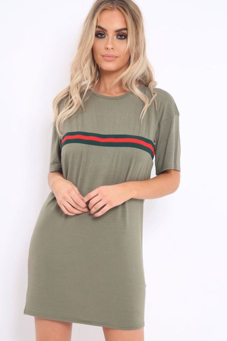 Clothing Rebellious Fashion | Khaki Stripe Front T Shirt Dress - Kamden