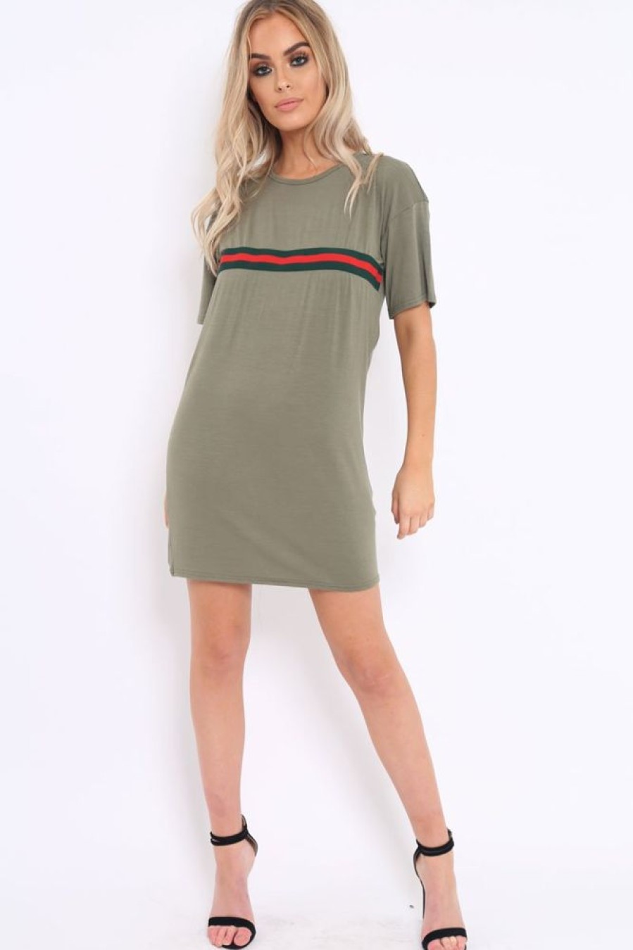 Clothing Rebellious Fashion | Khaki Stripe Front T Shirt Dress - Kamden