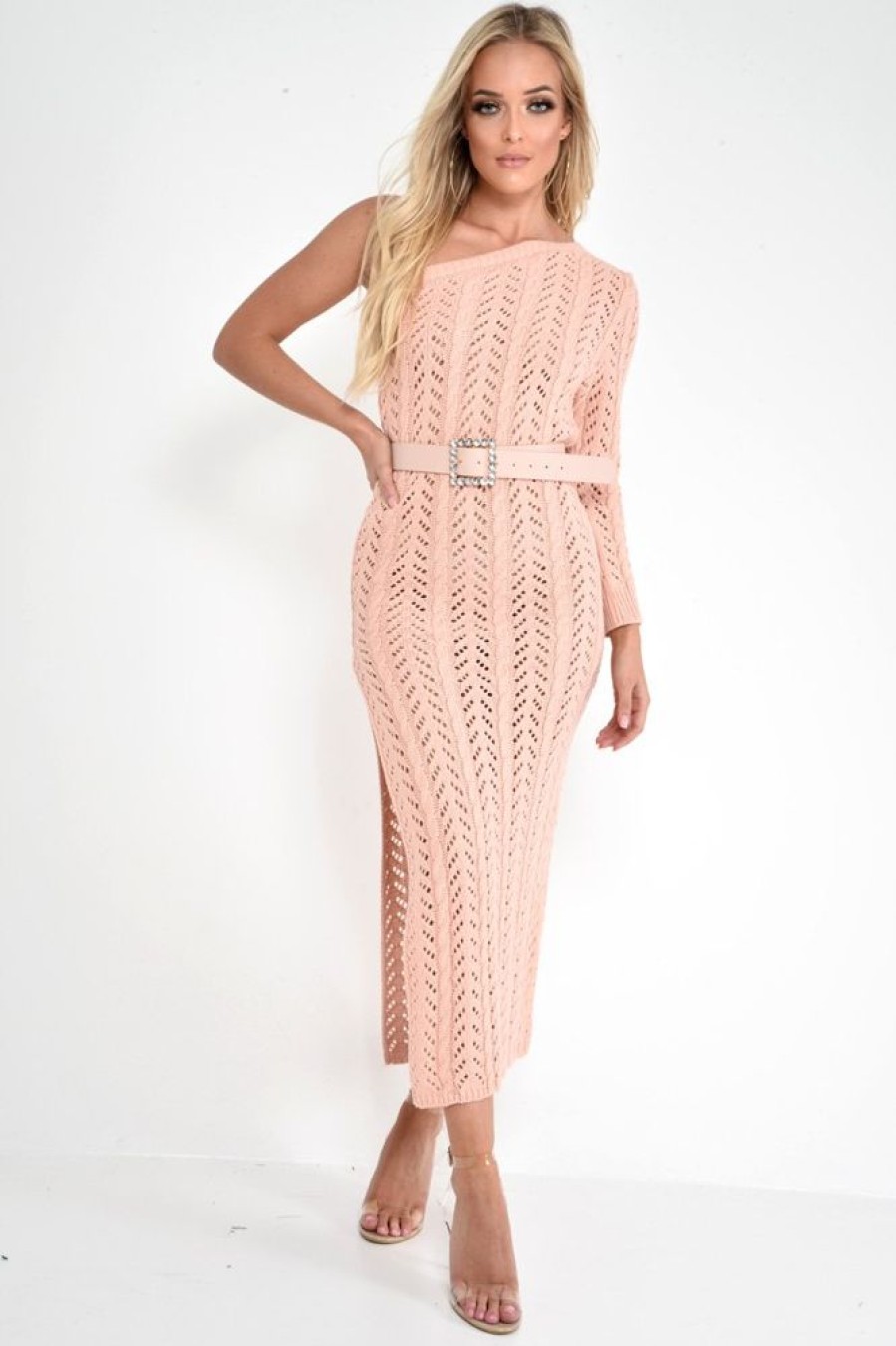 Clothing Rebellious Fashion | Nude One Shoulder Open Knit Maxi Dress - Dierra