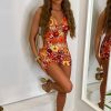 Clothing Rebellious Fashion | Orange Floral Print Ring Halter Neck Slinky Mini Dress - Mili